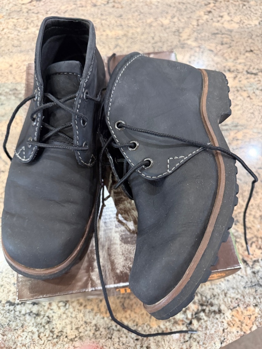 Timberland Black Ankle Booties with Brown Welt Trim